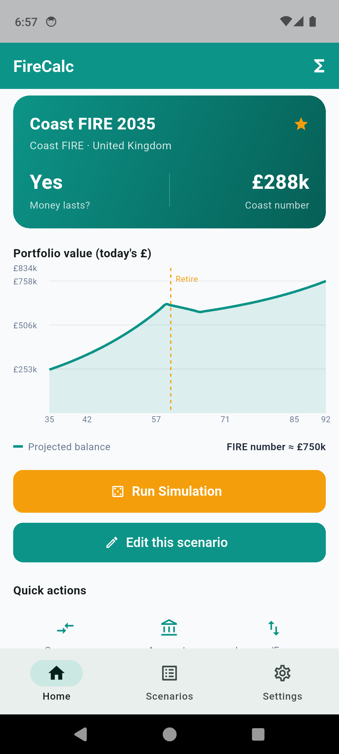 FireCalc home screen with a Coast FIRE scenario card, money-lasts result and a portfolio projection chart in pounds