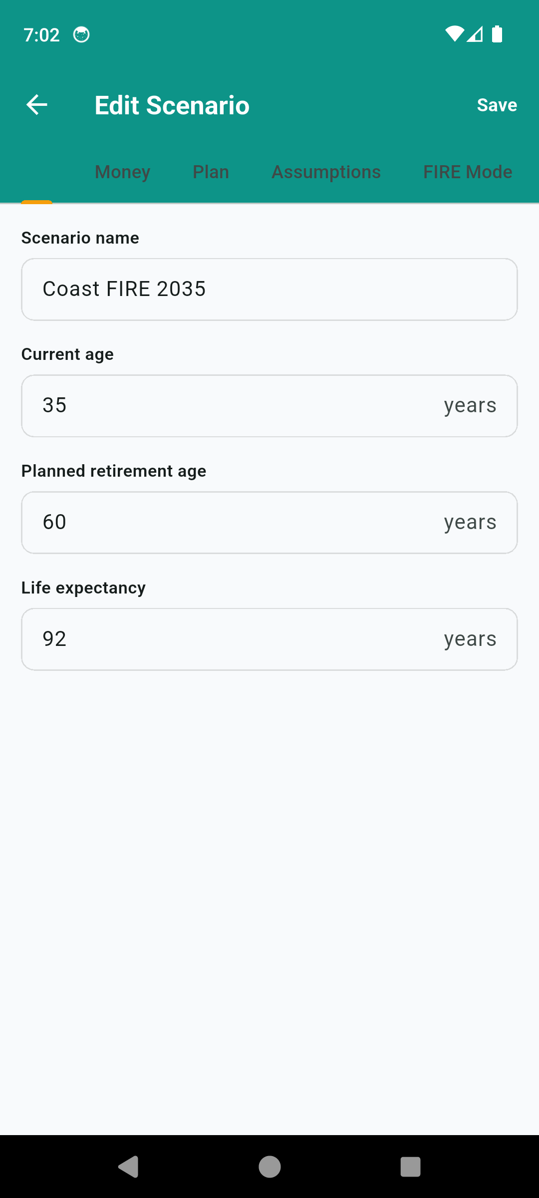 FireCalc scenario editor with You, Money, Plan, Assumptions and FIRE Mode tabs