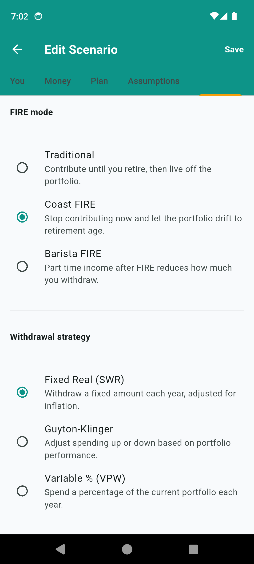 FireCalc FIRE mode picker with Traditional, Coast and Barista plus Fixed-Real, Guyton-Klinger and VPW withdrawal strategies