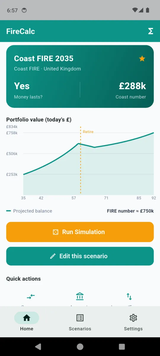 The FireCalc home screen with a Coast FIRE 2035 summary card, a portfolio value chart marked with a retirement line, and Run Simulation and Edit this scenario buttons