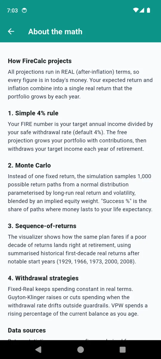 The FireCalc About the math screen explaining real terms, the simple 4 percent rule, Monte Carlo with 1,000 sampled paths, sequence-of-returns and the withdrawal strategies