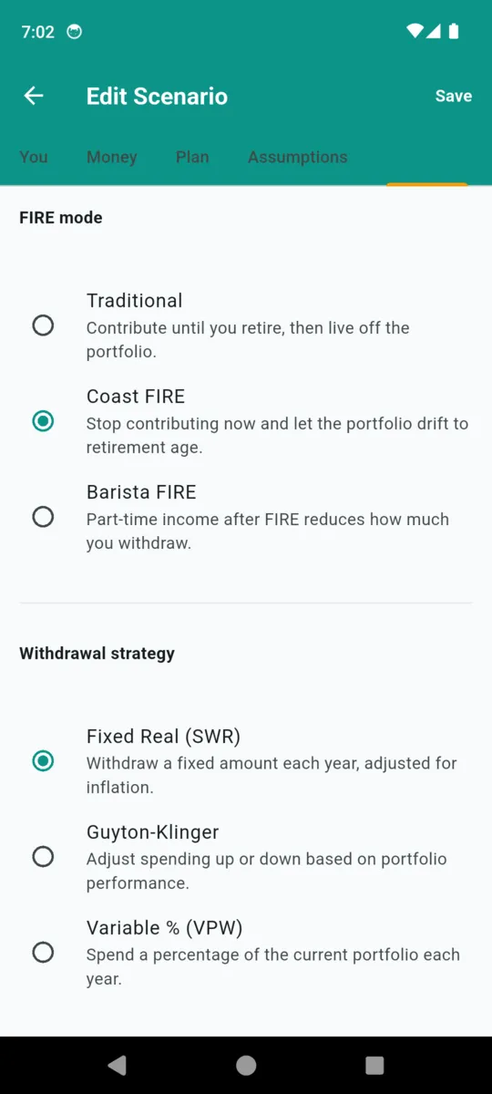 A FireCalc scenario editor showing FIRE mode options Traditional, Coast FIRE and Barista FIRE, and withdrawal strategies Fixed Real, Guyton-Klinger and Variable percent