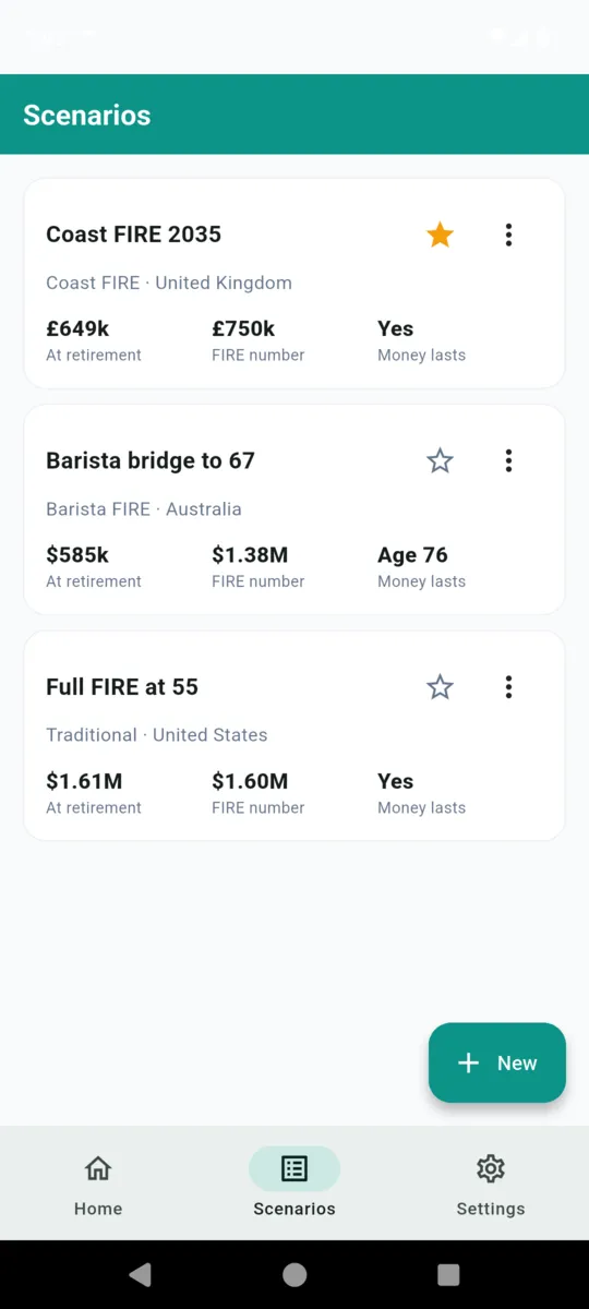 The FireCalc scenarios list with three saved plans, each showing balance at retirement, FIRE number and whether the money lasts