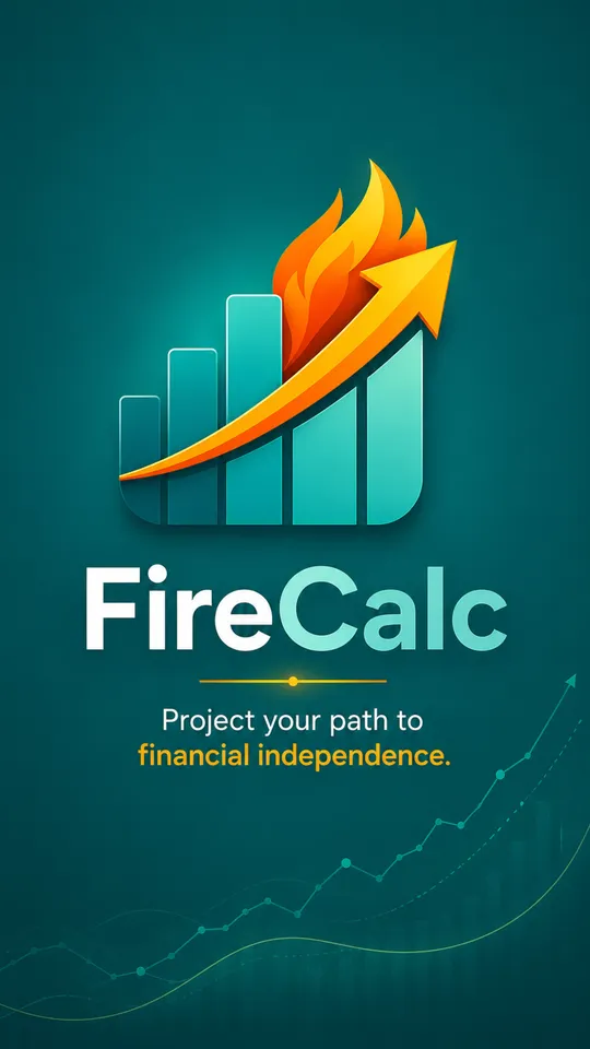 The FireCalc launch screen: a bar chart with a rising flame-tipped arrow on teal, the wordmark, and the line Project your path to financial independence