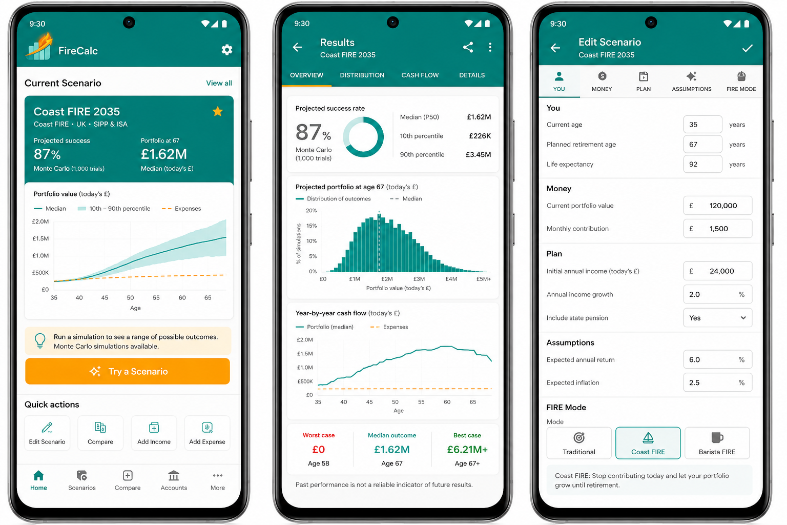 FireCalc home, Monte Carlo results and scenario editor screens