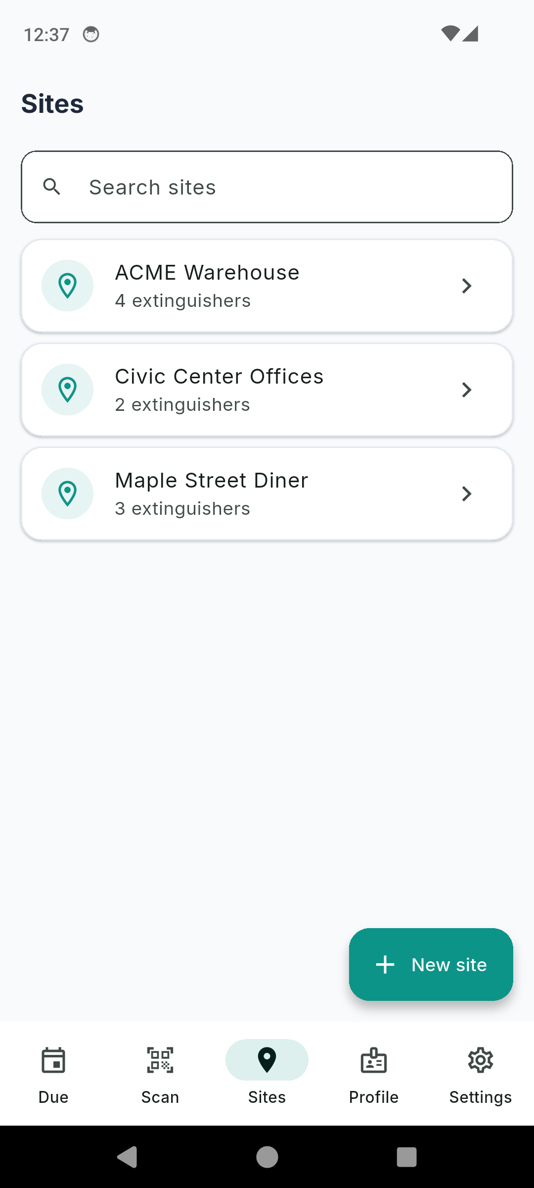 Extinguisher Inspection Log sites list with each customer location and its extinguisher count