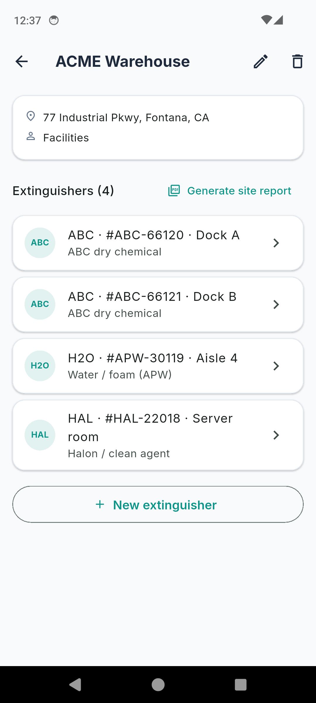 Extinguisher Inspection Log site detail showing the extinguishers on site and a generate-report button