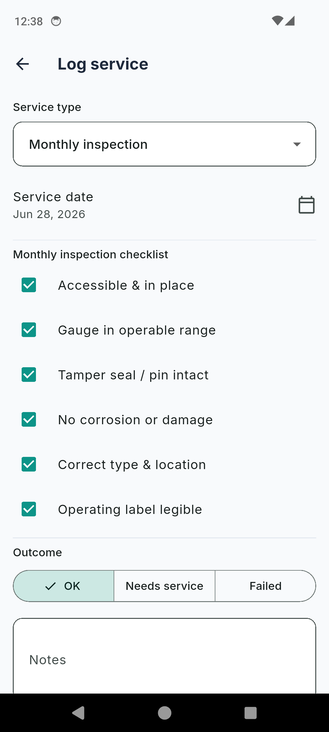 Extinguisher Inspection Log monthly inspection form with the NFPA 10 visual checklist and outcome