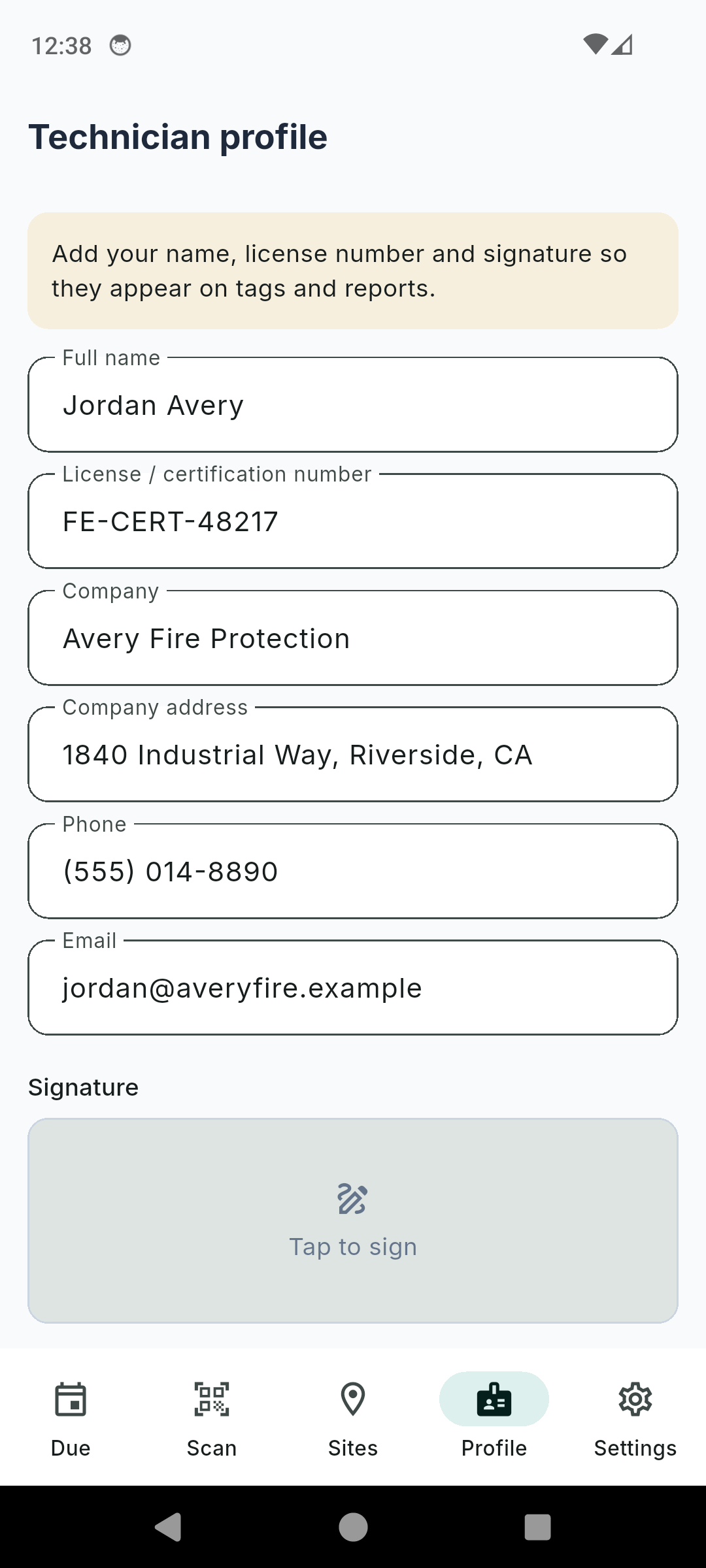 Extinguisher Inspection Log technician profile with name, license number, company and signature