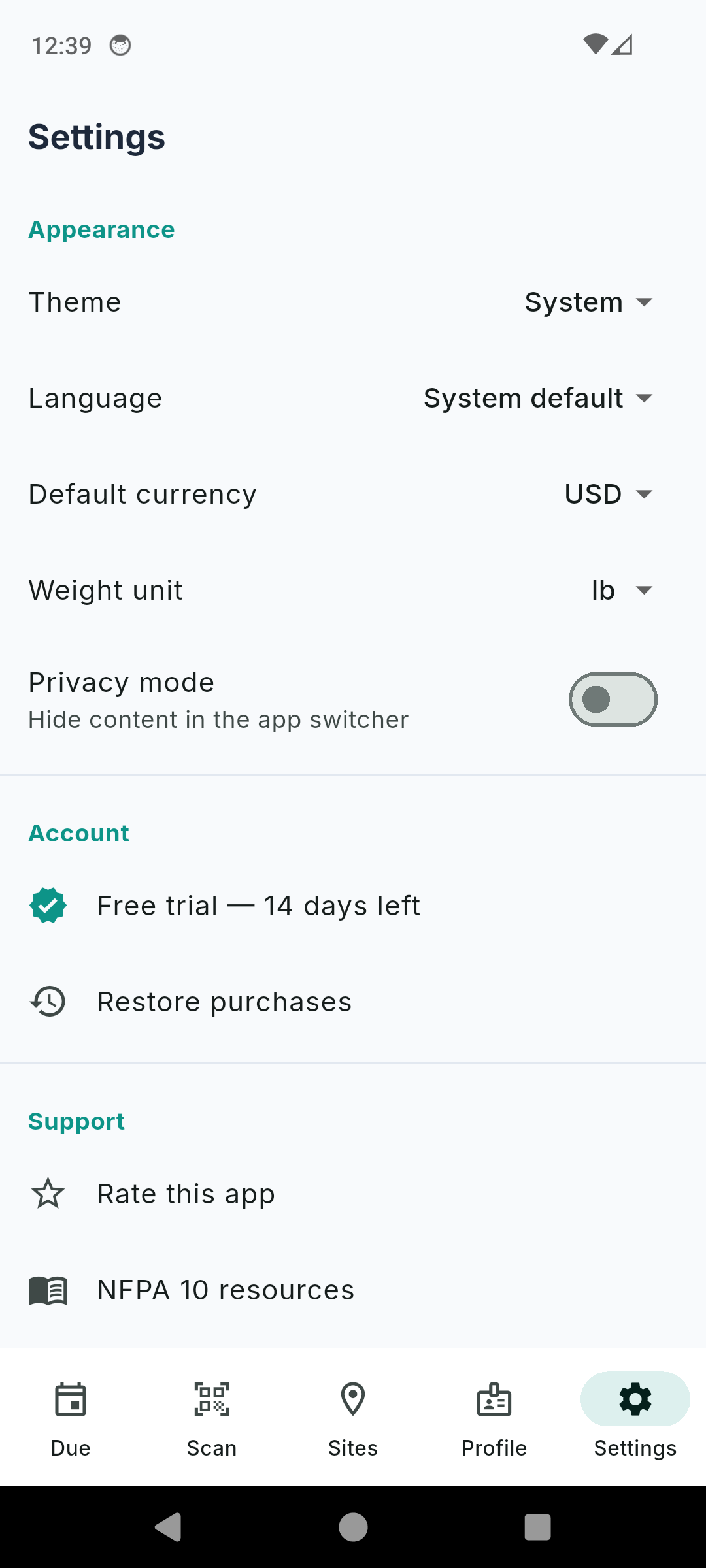 Extinguisher Inspection Log settings with theme, language, currency, weight unit and trial state