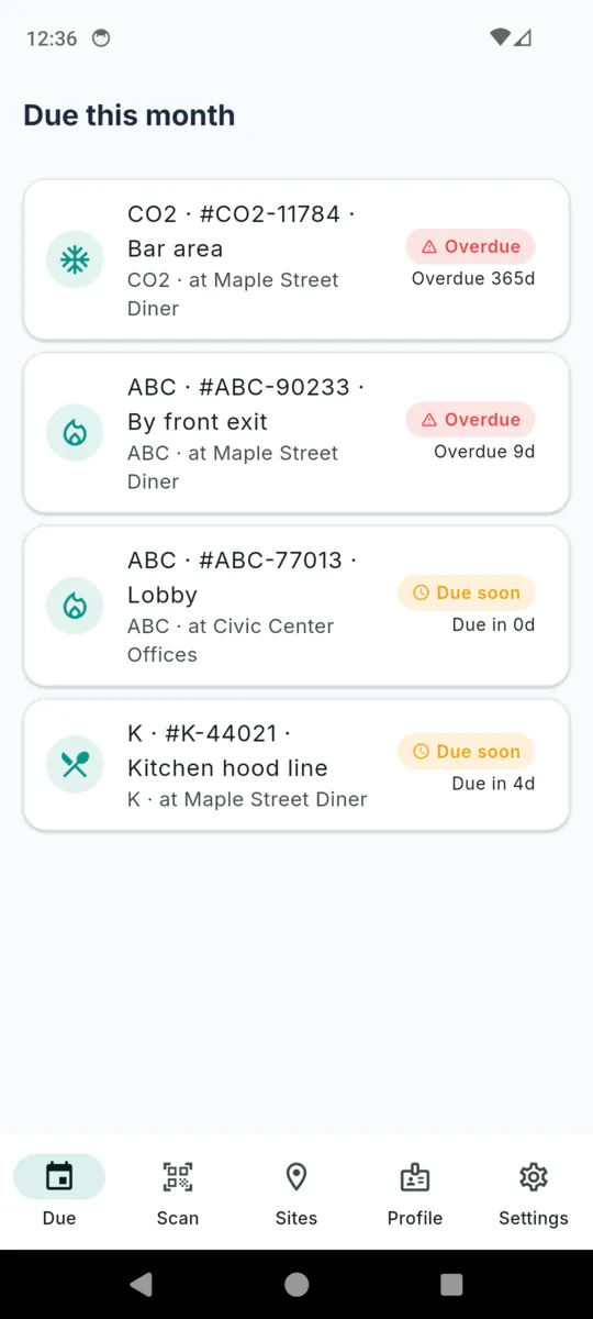 FireTag’s Due this month list showing five extinguishers, two marked Overdue by 365 and 9 days and three marked Due soon in 6, 4 and 14 days, each with its serial, location and site
