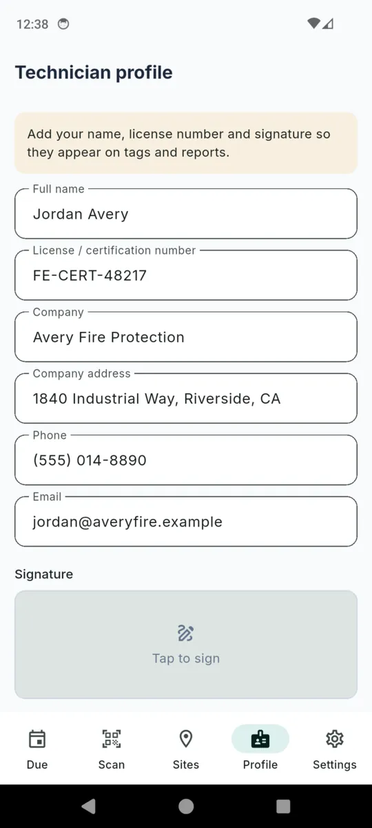 The Technician profile screen in FireTag with fields for full name, license or certification number, company, company address, phone and email, and a signature pad