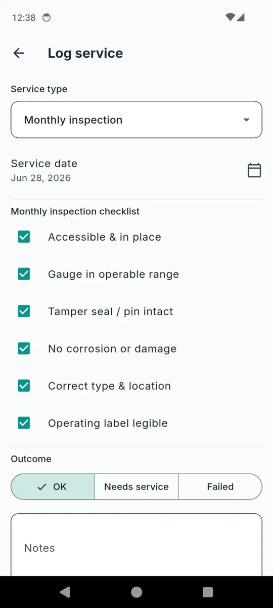 The Log service form in FireTag with service type Monthly inspection, a service date, the six monthly checklist items each ticked, and the outcome choices OK, Needs service and Failed