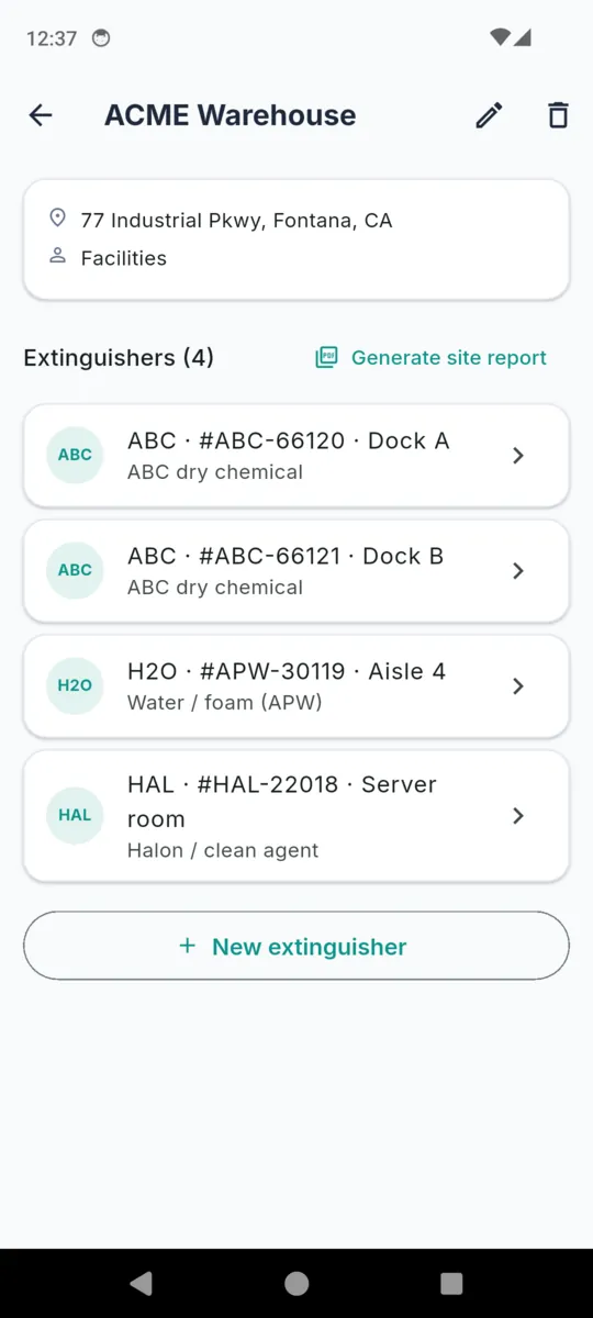 A FireTag site called ACME Warehouse with its address, a Generate site report link, and four extinguishers listed by serial, dock or aisle location and agent type
