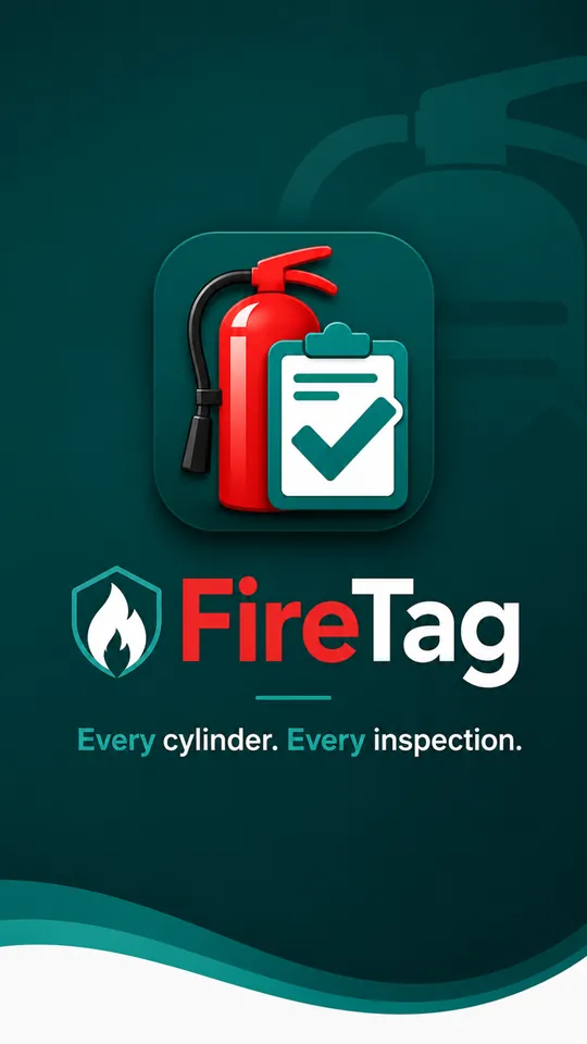FireTag launch screen: a red fire extinguisher and a clipboard above the wordmark and the line Every cylinder. Every inspection.