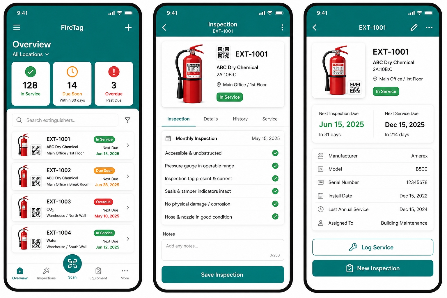 Extinguisher Inspection Log due worklist, per-unit cadence history and QR scan screens