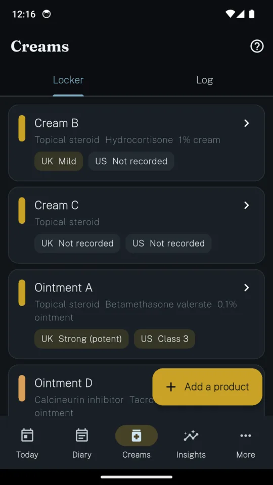 The creams locker listing each product with its kind, ingredient and potency on the UK and US ladders, or not recorded