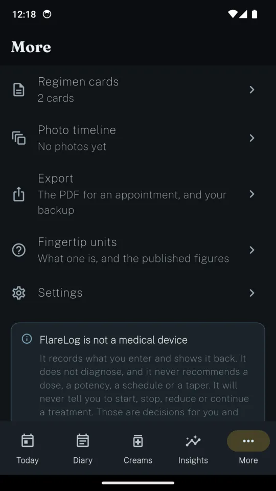 The More screen with regimen cards, the photo timeline, export, the fingertip unit guide, settings, and the statement that FlareLog is not a medical device