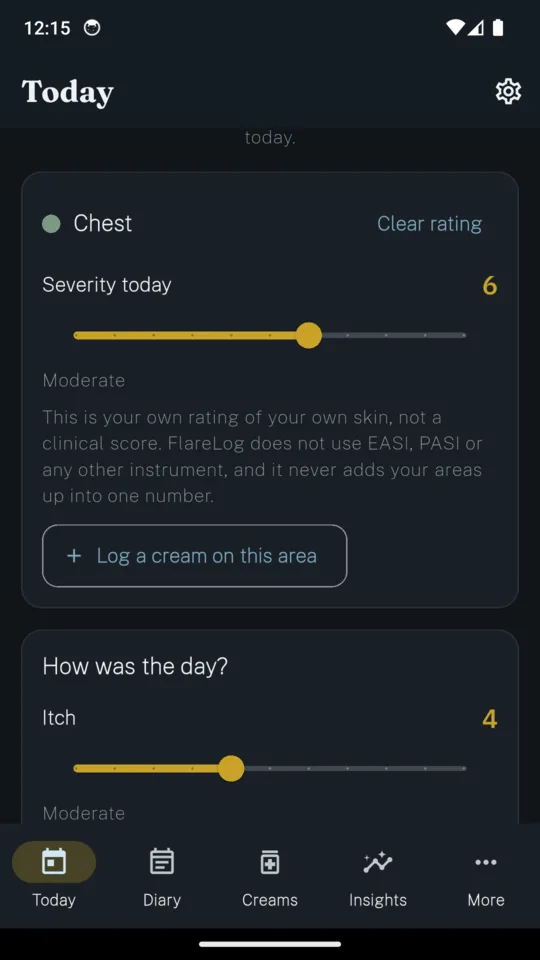 Rating the chest at 6 out of 10, with the note that this is your own rating and not a clinical score, and itch for the day below