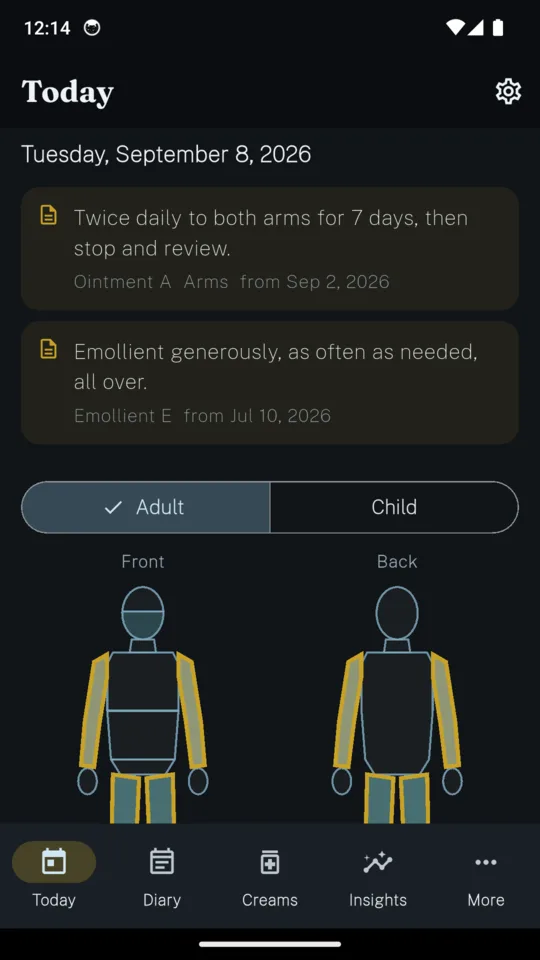 The FlareLog Today screen with two regimen cards at the top and the adult body map below, front and back, with the arms and legs shaded