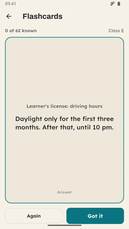 Flashcards: one of the 62 cards, on a learner's driving hours.