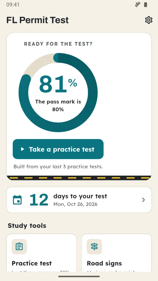 FL Permit Test home screen with the readiness ring at 81% against an 80% pass mark and 12 days to the test