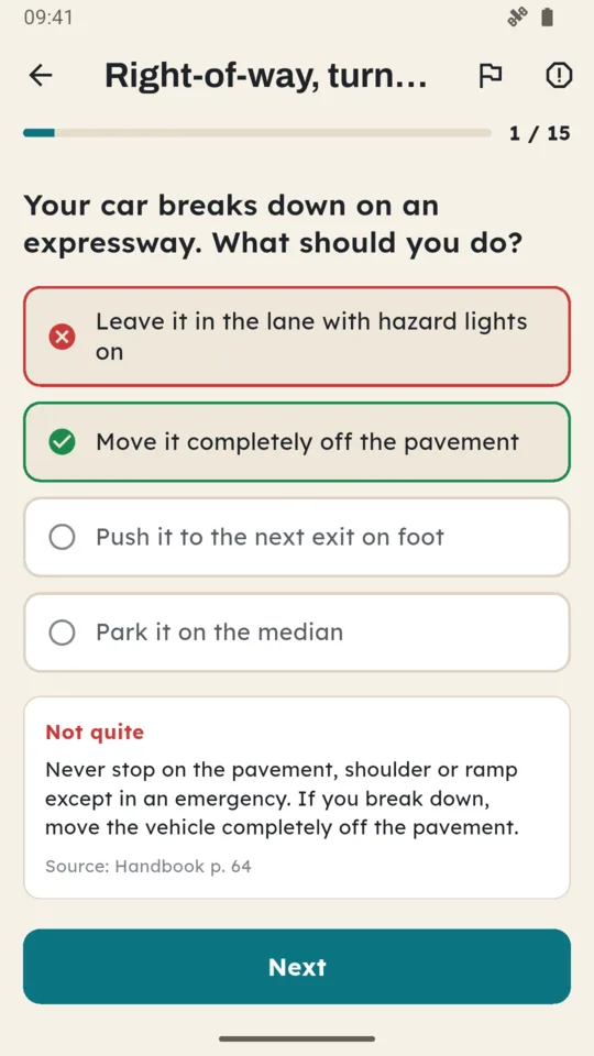Study by chapter: a wrong answer with the explanation and the handbook page.