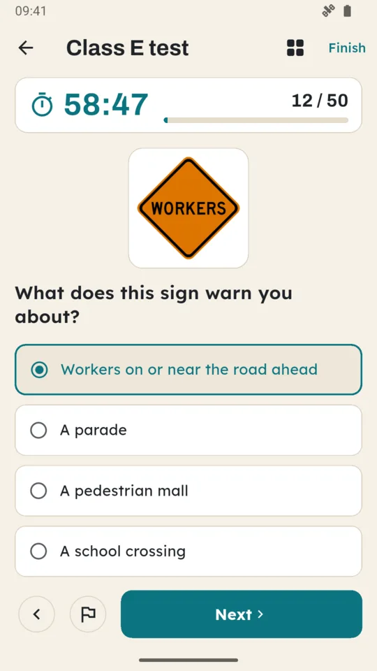 A practice test: a work zone sign question, 58:47 left on the clock, question 12 of 50.