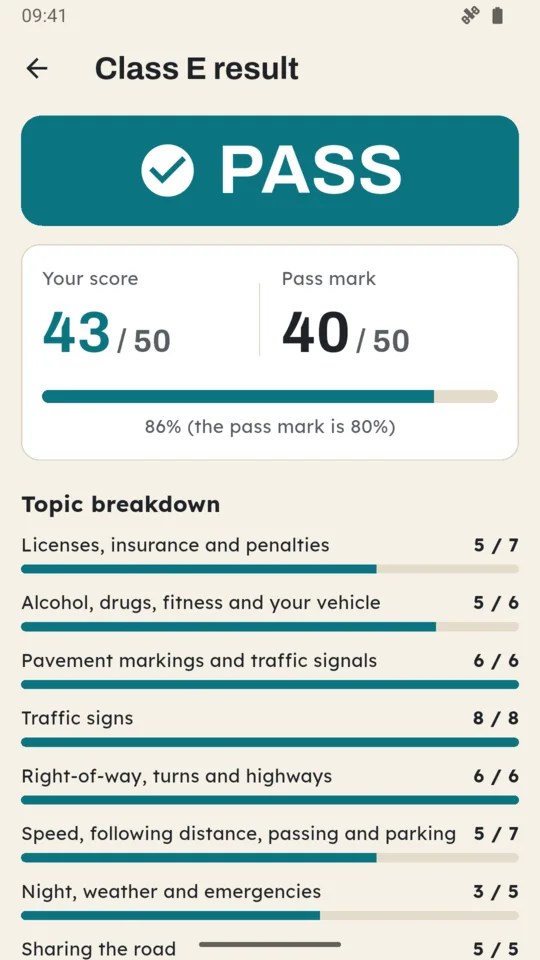 A result: 43 of 50, a pass, and the score for each chapter.