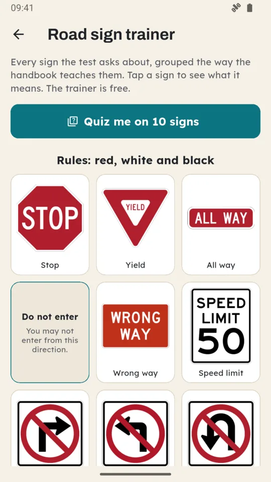 The road sign trainer: rules signs in a grid, Do not enter turned over to show its meaning.