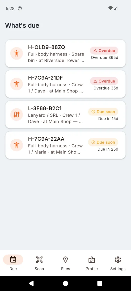 GearCheck's What's due list showing four gear items, two marked Overdue by 365 and 36 days and two marked Due soon in 15 and 21 days, each with its serial, type and site