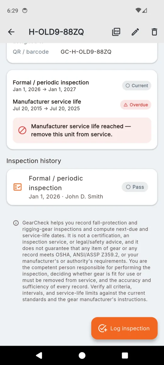 The same harness scrolled down to a red panel reading Manufacturer service life reached — remove this unit from service, with the inspection history below it and the full GearCheck disclaimer underneath