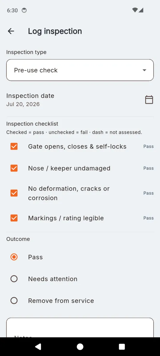 The Log inspection form in GearCheck with inspection type Pre-use check, a date field, the six harness checklist items each marked Pass, and the outcome choices Pass, Needs attention and Remove from service