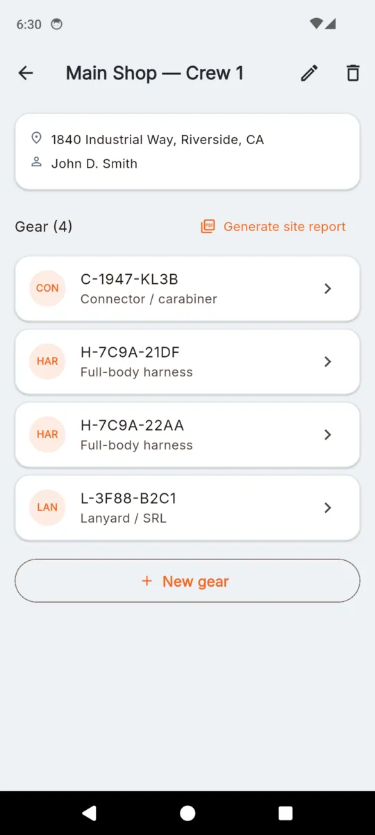 A GearCheck site called Main Shop — Crew 1 with its address and competent person, four gear items listed by serial and type, and a Generate site report button