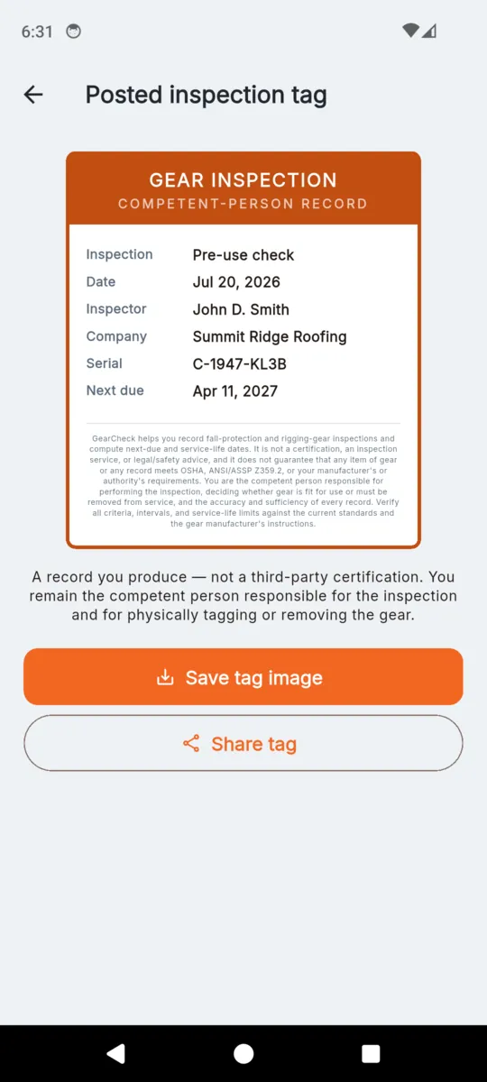 A posted inspection tag image headed GEAR INSPECTION, COMPETENT-PERSON RECORD, listing inspection type, date, inspector, company, serial and next due date above the disclaimer, with Save tag image and Share tag buttons