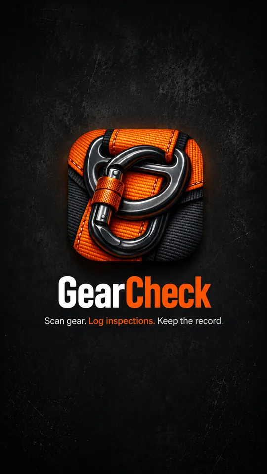 GearCheck launch screen: orange harness webbing and a steel carabiner above the wordmark and the line Scan gear. Log inspections. Keep the record.