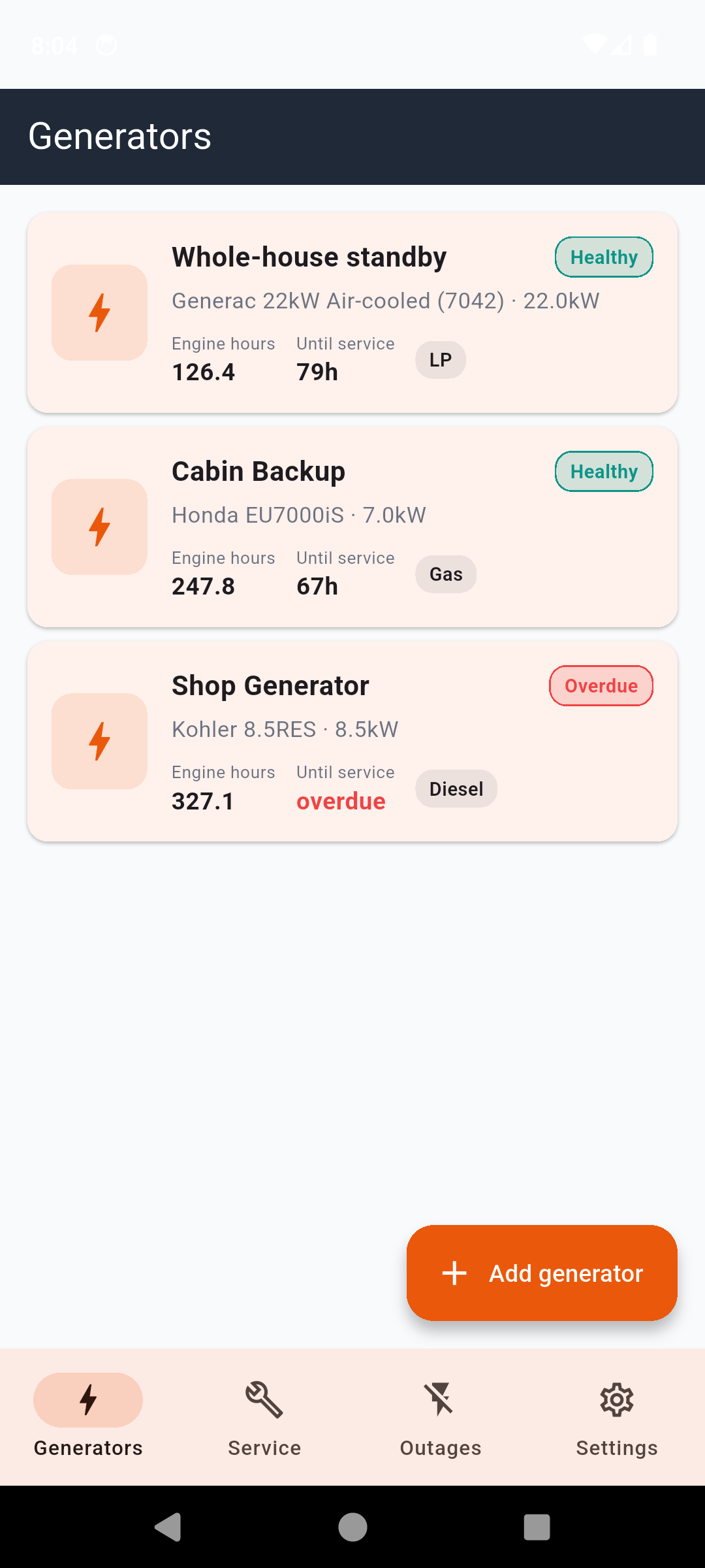GeneratorLog generators list