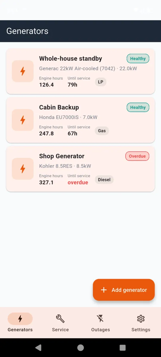 GeneratorLog generator list: three machines with engine hours, hours until service and healthy or overdue status