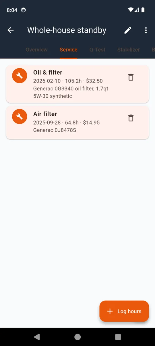 The service tab listing an oil and filter entry at 105.2 hours and an air filter entry at 64.8 hours with parts and costs