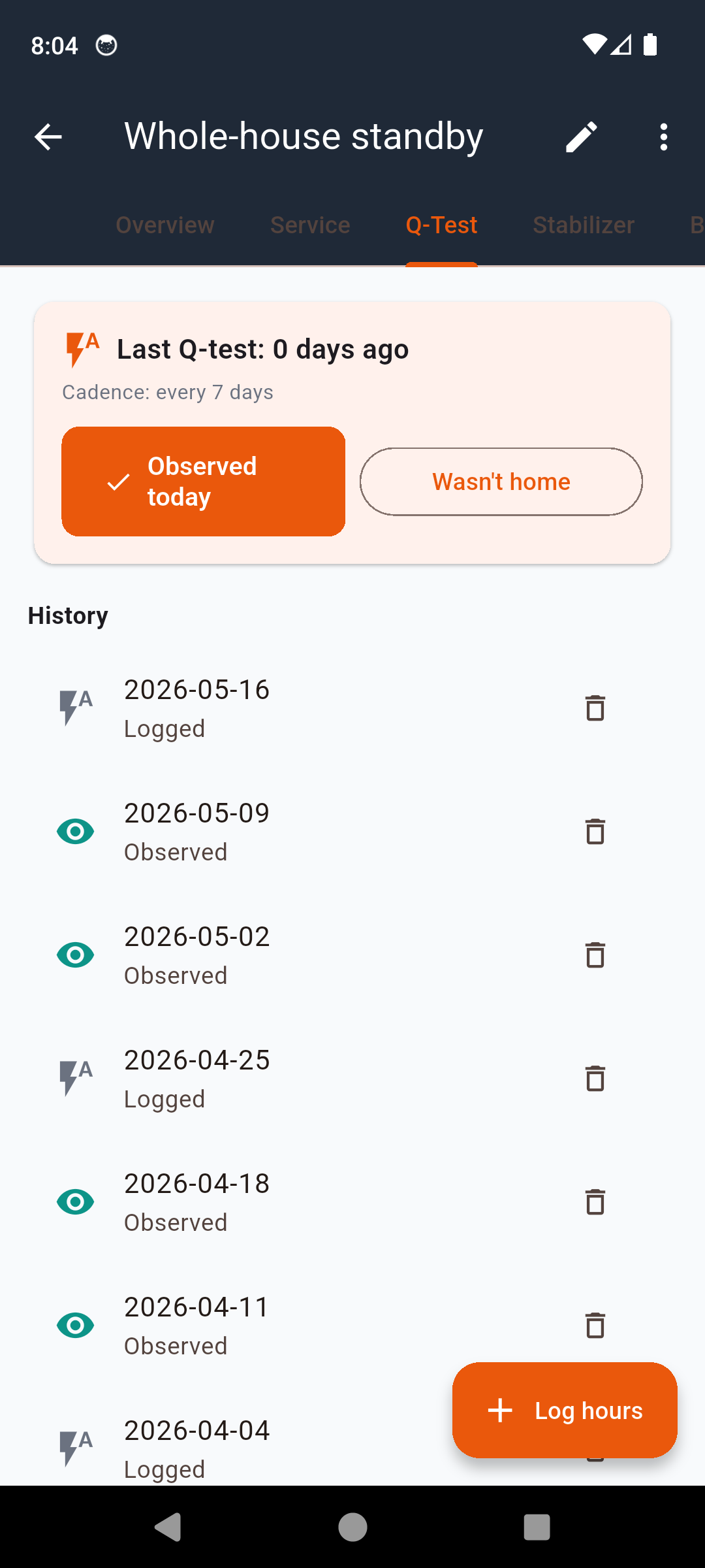 GeneratorLog Q-test exercise log