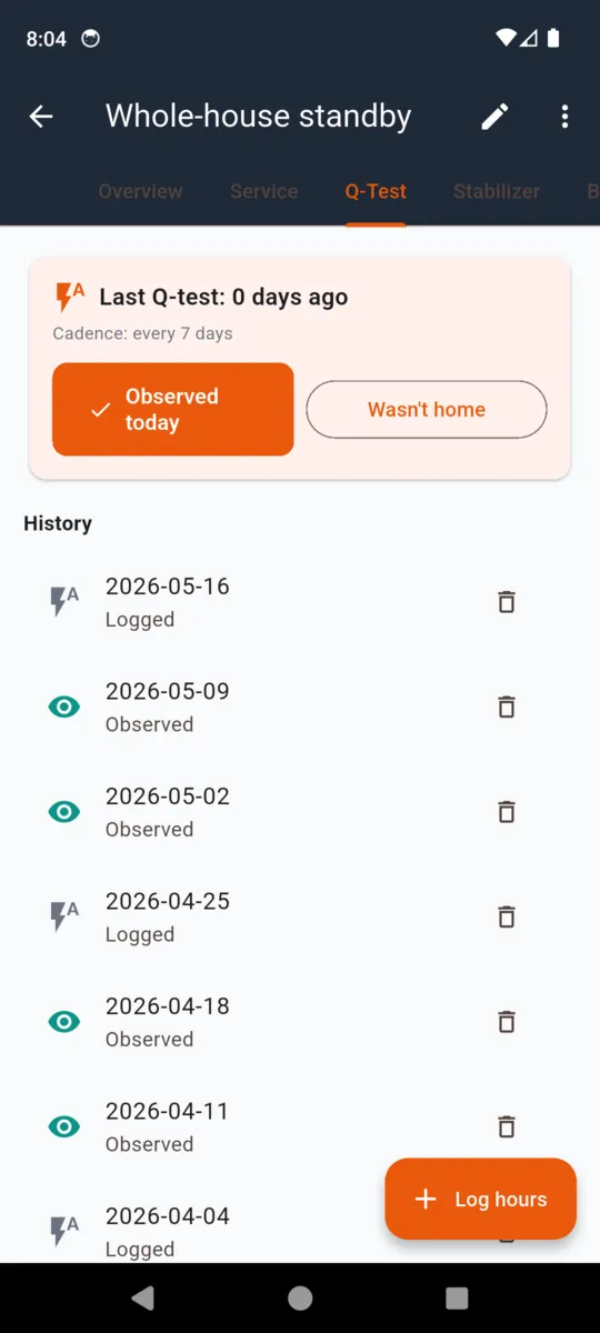 The Q-test tab with an observed-today button, a wasn't-home button and a weekly history of auto-exercise runs