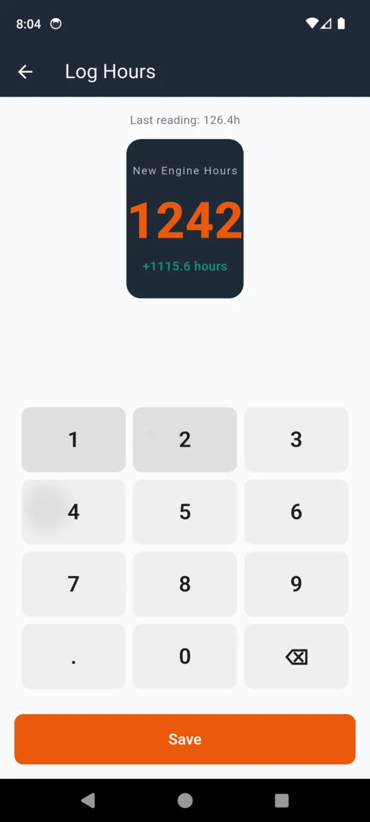 The log hours keypad showing a new reading of 1242 and the difference from the last reading