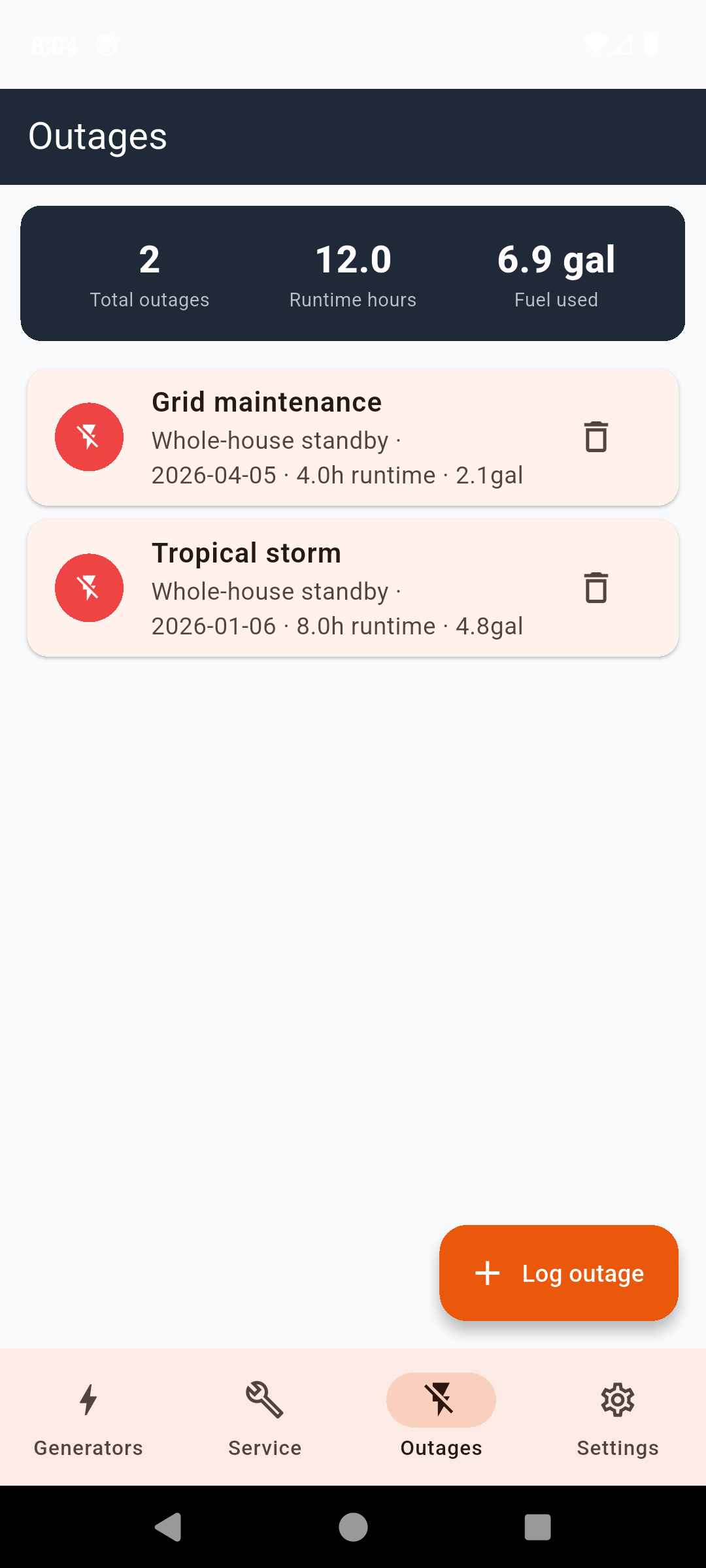 GeneratorLog outage log per-year totals