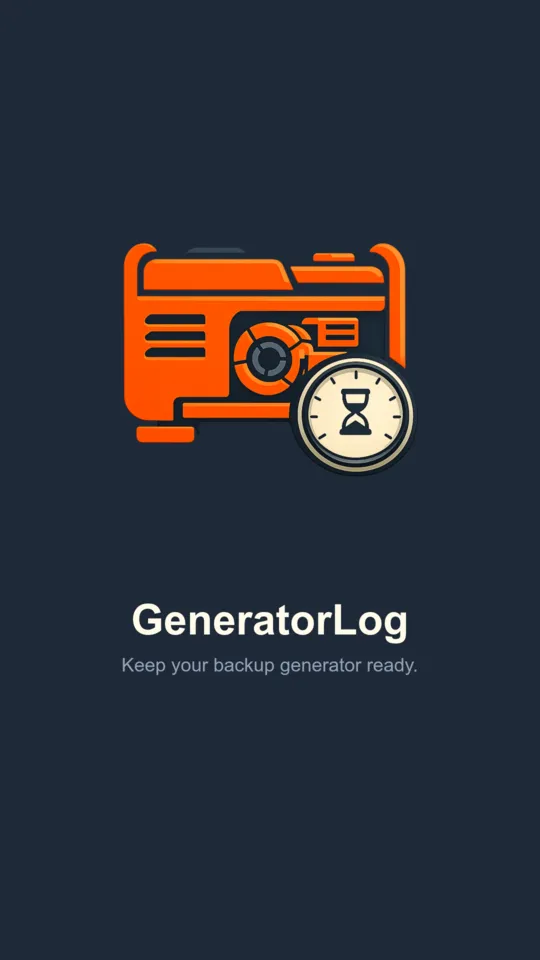 GeneratorLog launch screen: an orange portable generator with an hour-meter gauge on a steel background, under the line Keep your backup generator ready