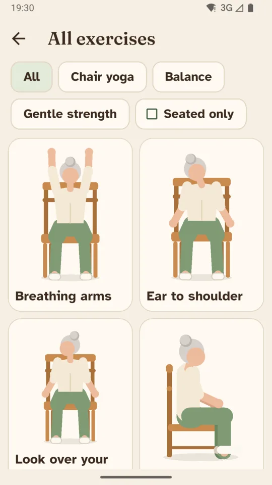 All exercises, filtered by track or seated only, each with its figure.