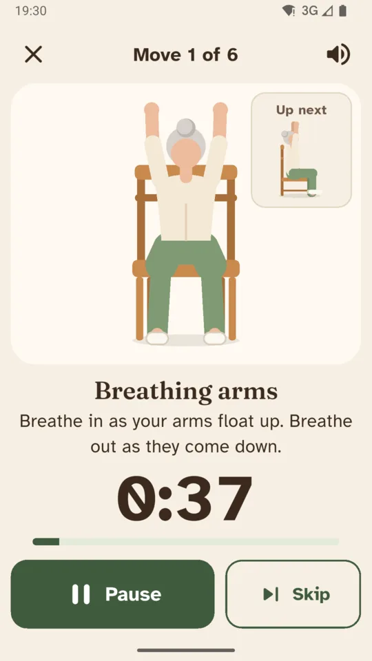 The player: Breathing arms, move 1 of 6, 37 seconds left, with Pause and Skip below