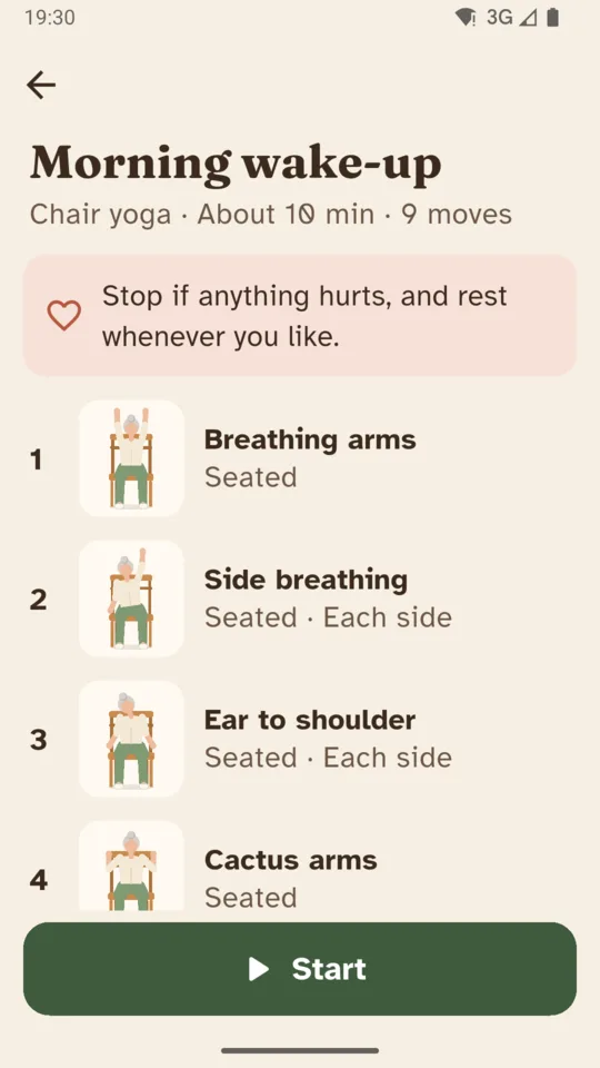 Morning wake-up before you start: nine seated moves listed in order, and a reminder to stop if anything hurts.