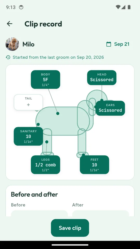 Milo’s clip record for 21 September, started from the last groom on 20 September: a dog diagram with body 5F at a quarter inch, legs a half-inch comb, head and ears scissored, sanitary 10 at a sixteenth and feet 10
