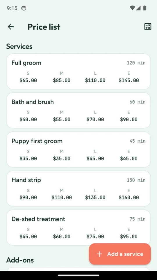 A price list with full groom, bath and brush, puppy first groom, hand strip and de-shed treatment, each priced across small, medium, large and extra large, with durations in minutes