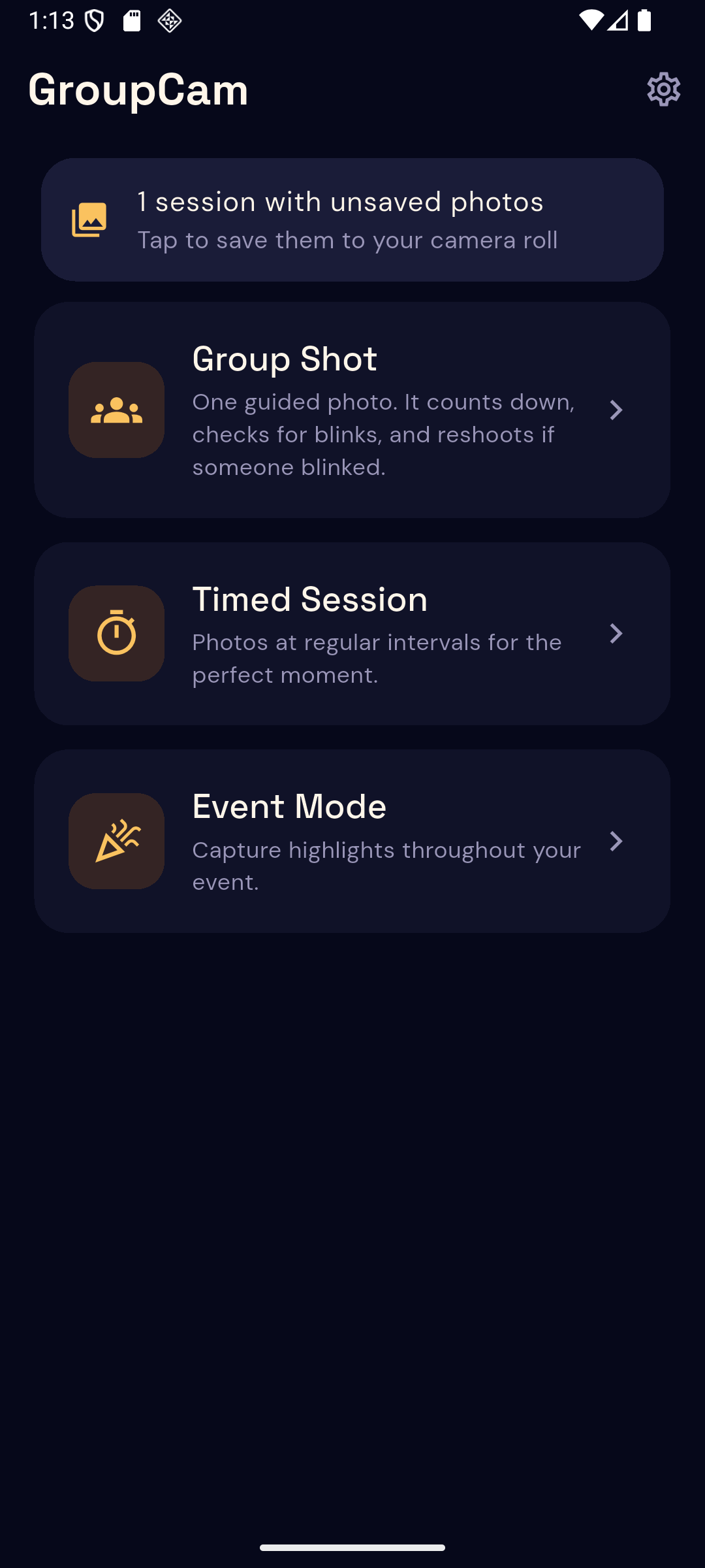 GroupCam home screen listing Group Shot, Timed Session and Event Mode